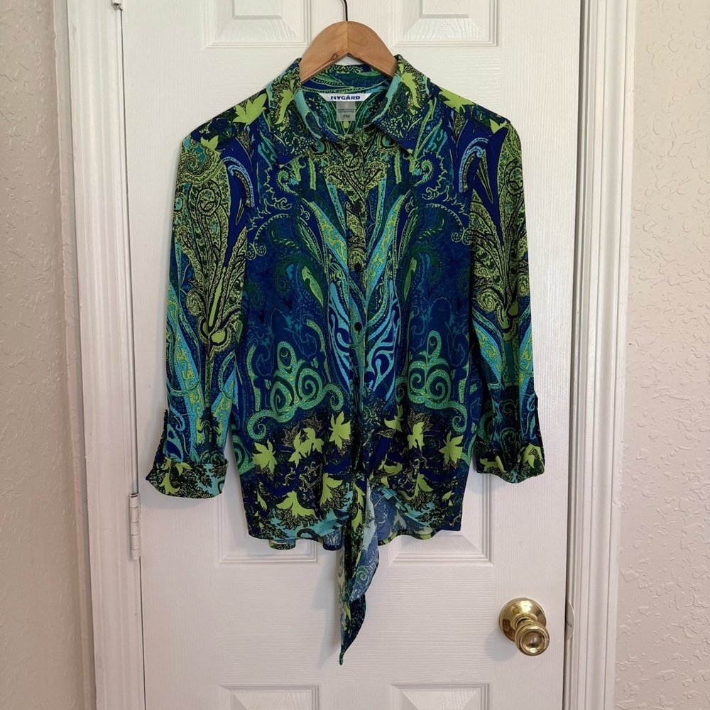 Nygard Women's Green and Blue Paisley Button Down Top